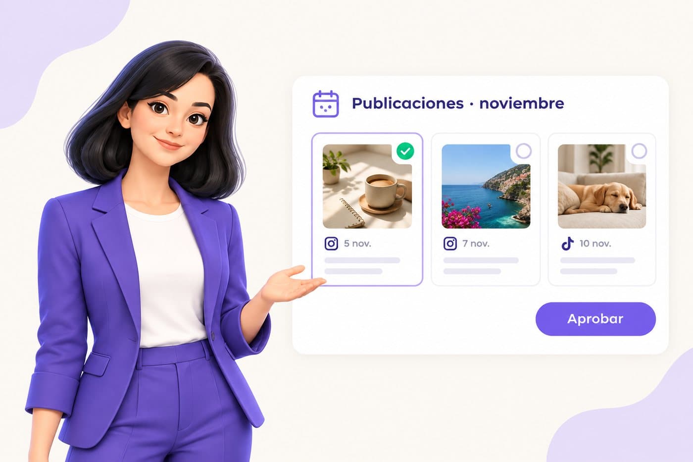Tus redes, con calendario y publicadas. Tú solo apruebas.